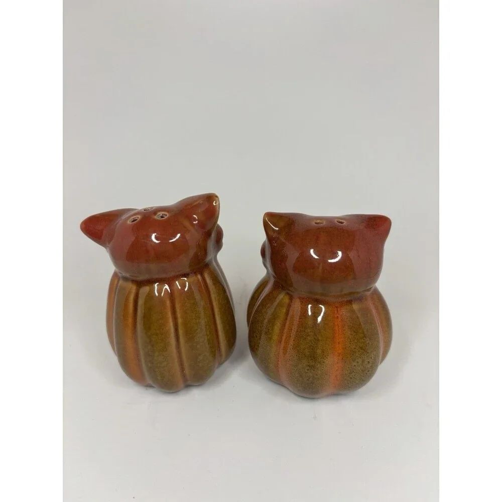 Owl Pumpkin Salt Pepper Shakers 3” Ceramic Halloween Thanksgiving Fall Decor